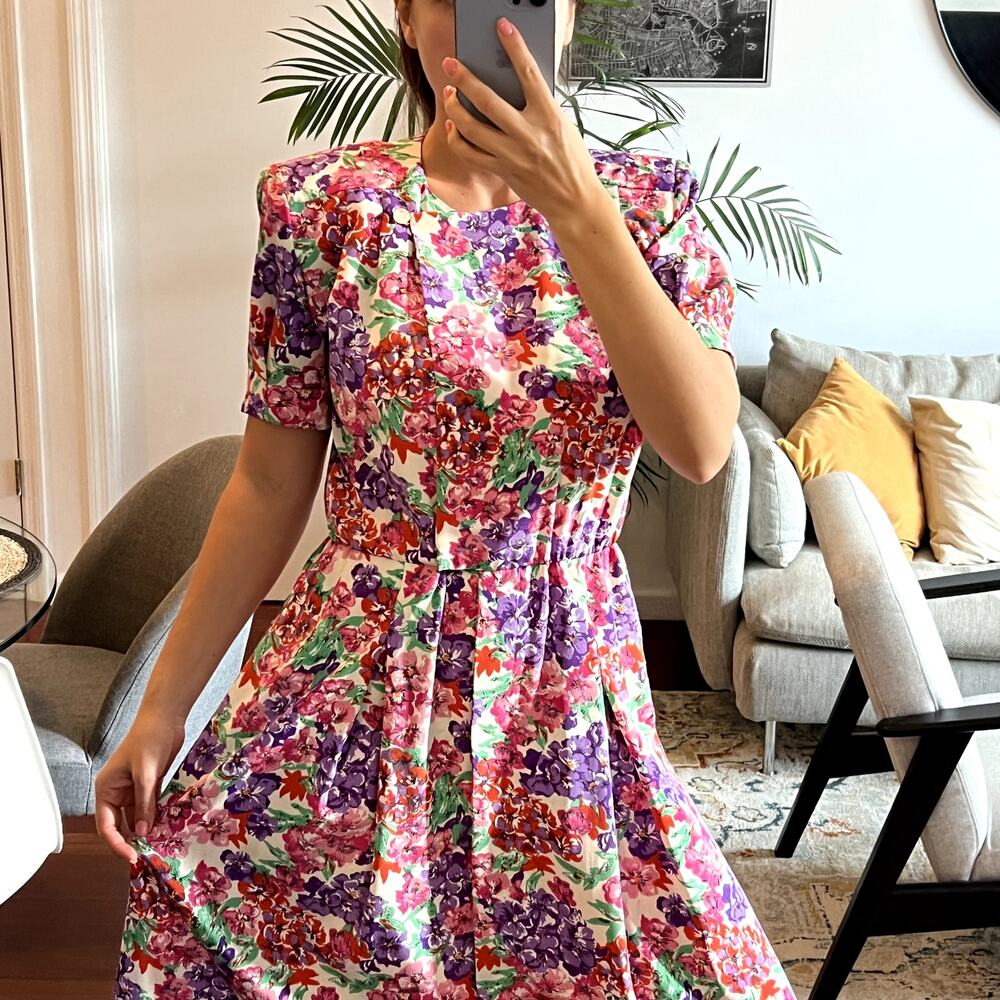 Liz Claiborne floral vintage midi dress size 6 white purple - Picture 2 of 8